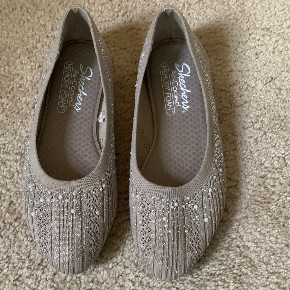 Skechers Taupe Embellished Knit Ballet Flats